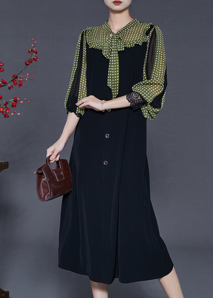 Elegant Black Bow Patchwork Chiffon Dresses Lantern Sleeve