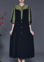 Elegant Black Bow Patchwork Chiffon Dresses Lantern Sleeve