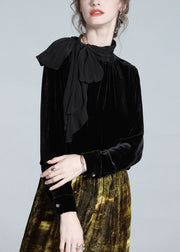 Elegant Black Bow Solid Silk Velour Top Winter