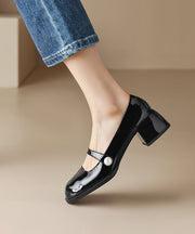 Elegant Black Buckle Strap Sheepskin Chunky High Heels