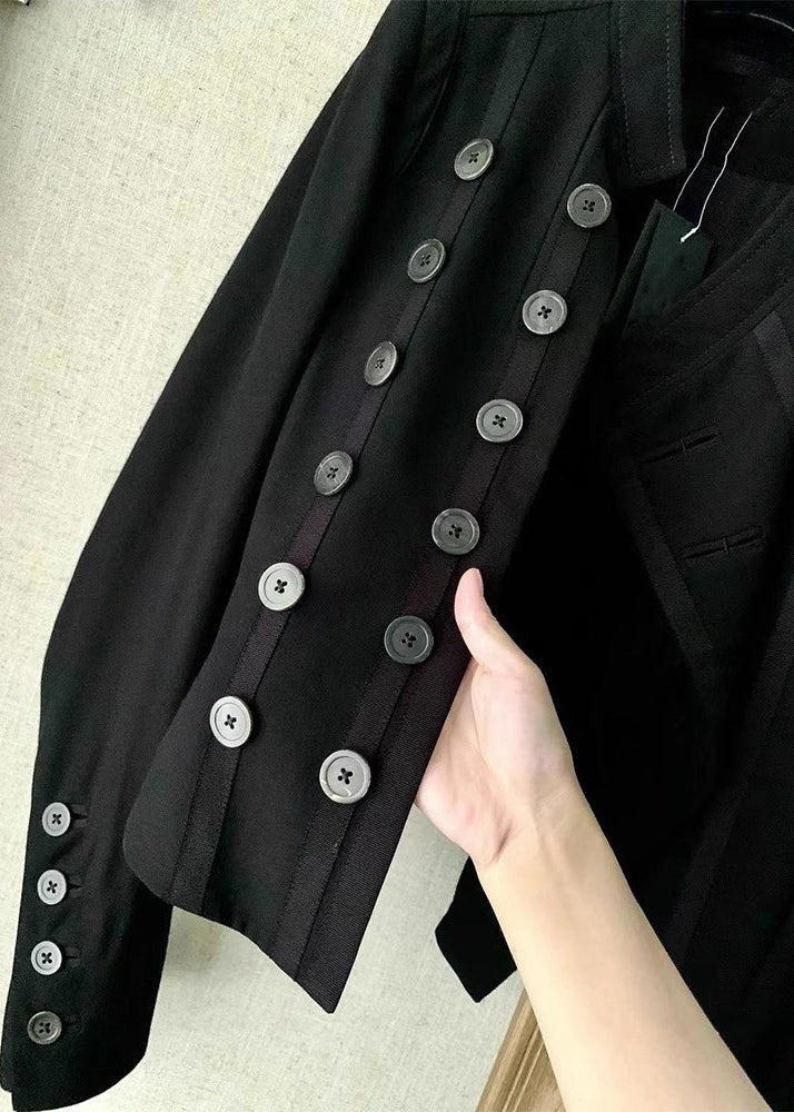 Elegant Black Button Patchwork Cotton Coat Long Sleeve