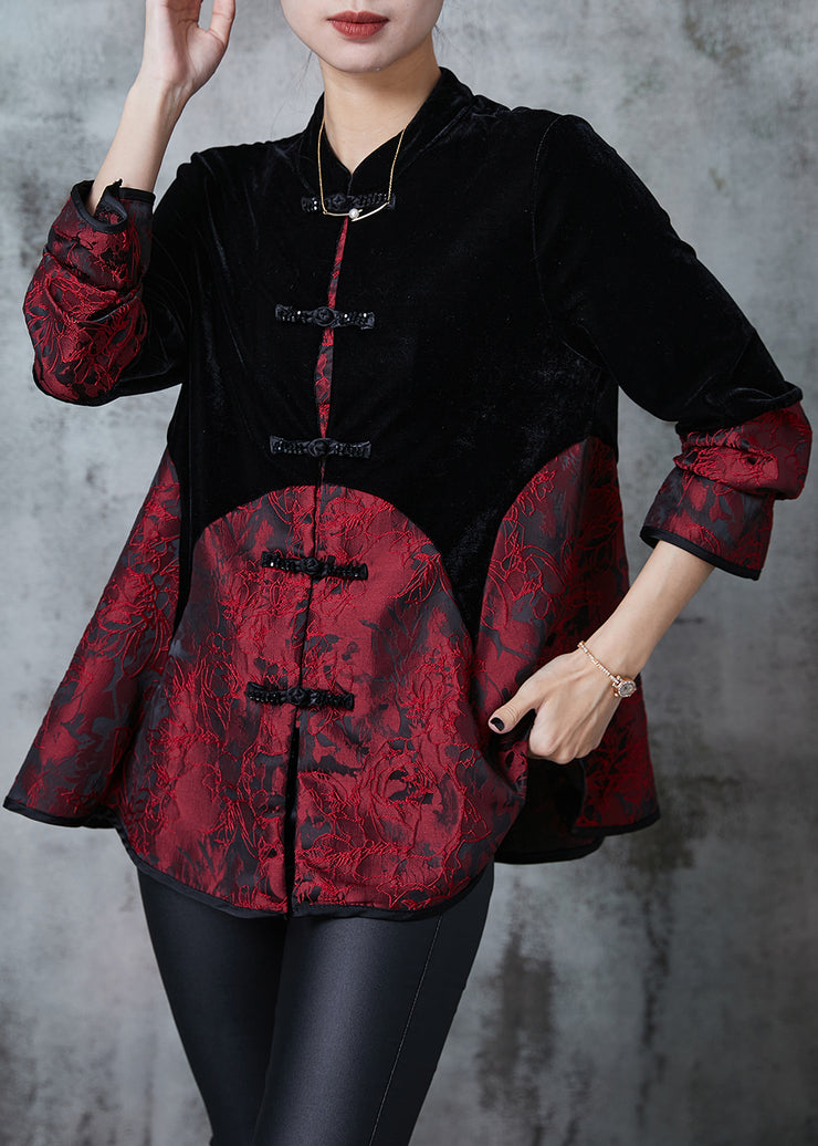 Elegant Black Chinese Button Patchwork Velvet Oriental Coats Fall