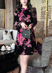 Elegant Black Chinese Button Print Silk Velour Mid Dress Long Sleeve