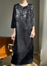 Elegant Black Chinese Button Solid Silk Dresses Fall