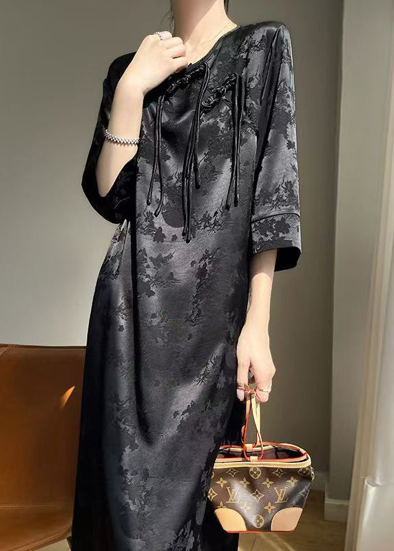 Elegant Black Chinese Button Solid Silk Dresses Fall