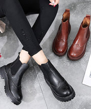 Elegant Black Chunky Cowhide Leather Elegant Hollow Out Boots