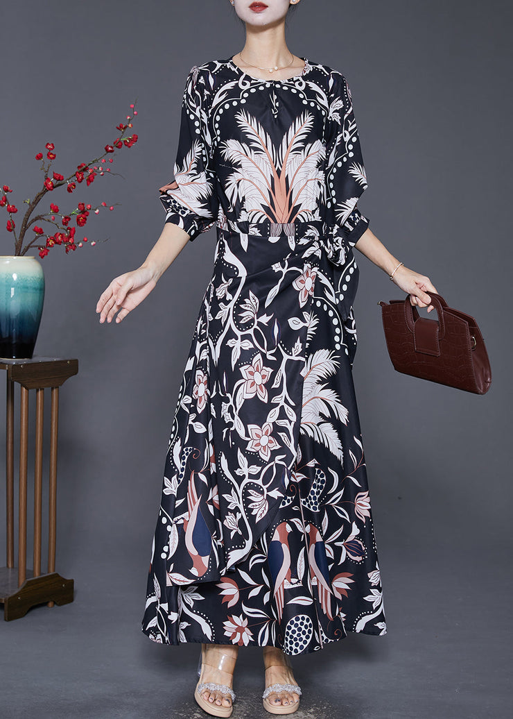 Elegant Black Cinched Print Silk Beach Long Dresses Fall