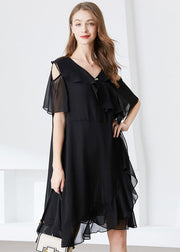 Elegant Black Cold Shoulder Ruffles Chiffon Maxi Dresses Summer