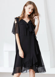 Elegant Black Cold Shoulder Ruffles Chiffon Maxi Dresses Summer