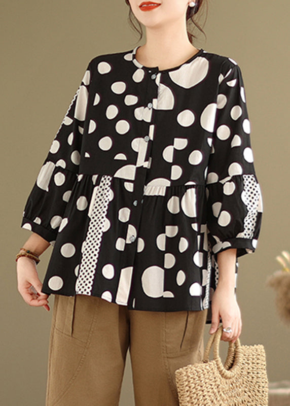 Elegant Black Dot Patchwork Button Shirt Spring