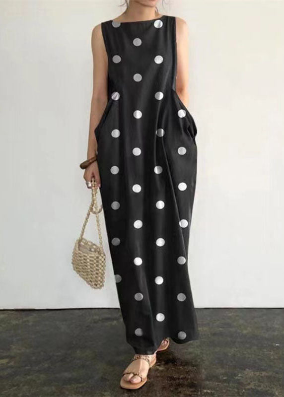 Grace Black Dot Print Pockets Long Dresses Sleeveless