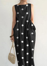 Elegant Black Dot Print Pockets Long Dresses Sleeveless