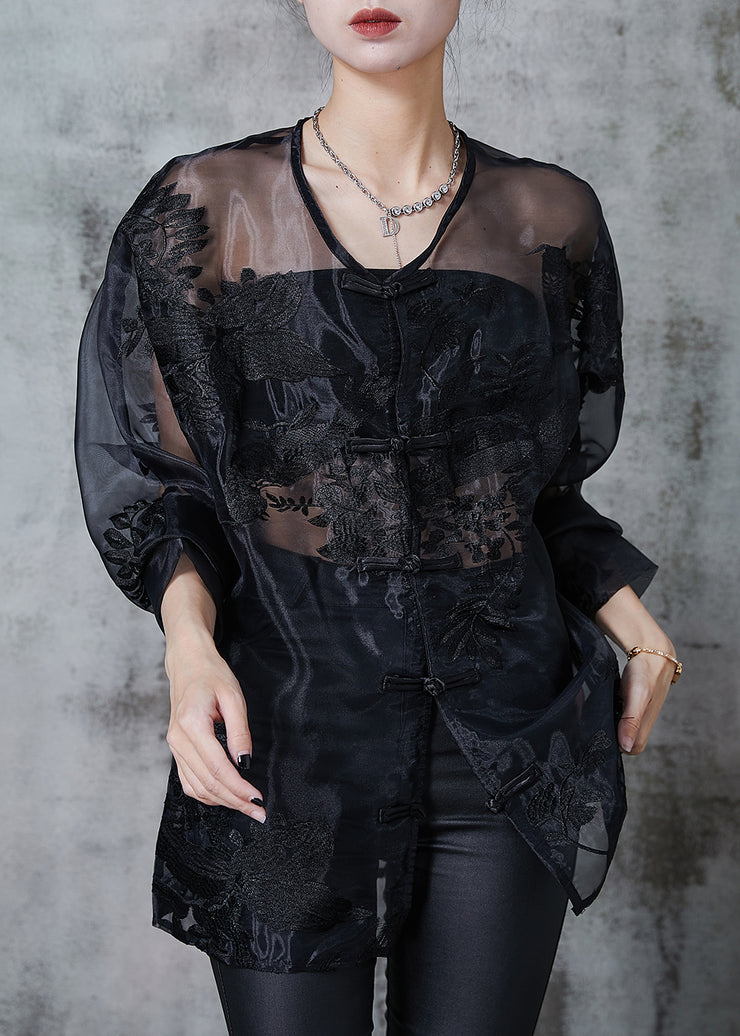 Elegant Black Embroidered Hollow Out Organza Blouses Summer