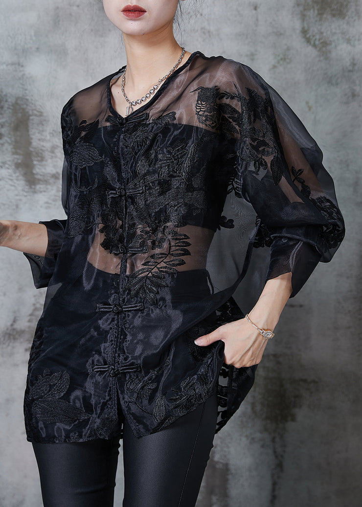 Elegant Black Embroidered Hollow Out Organza Blouses Summer