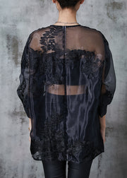 Elegant Black Embroidered Hollow Out Organza Blouses Summer