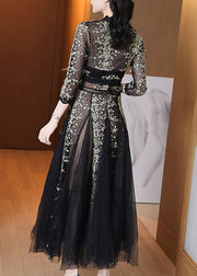 Elegant Black Embroidered Lace Patchwork Tulle Dresses Summer