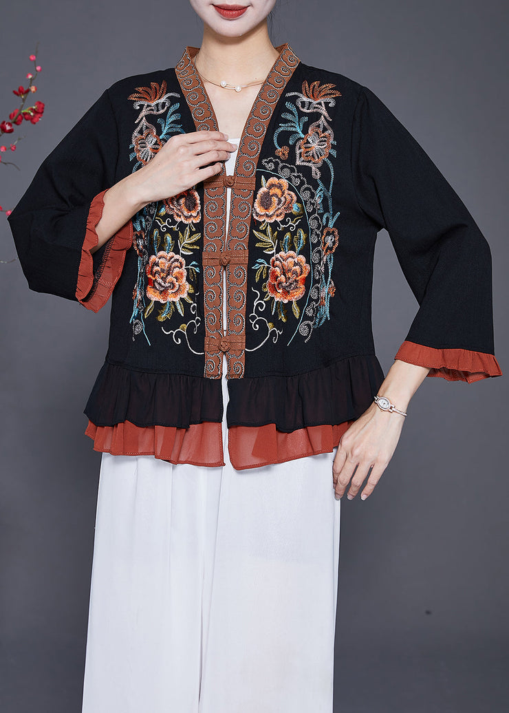 Elegant Black Embroideried Patchwork Ruffles Blouses Fall