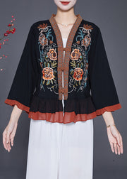 Elegant Black Embroideried Patchwork Ruffles Blouses Fall