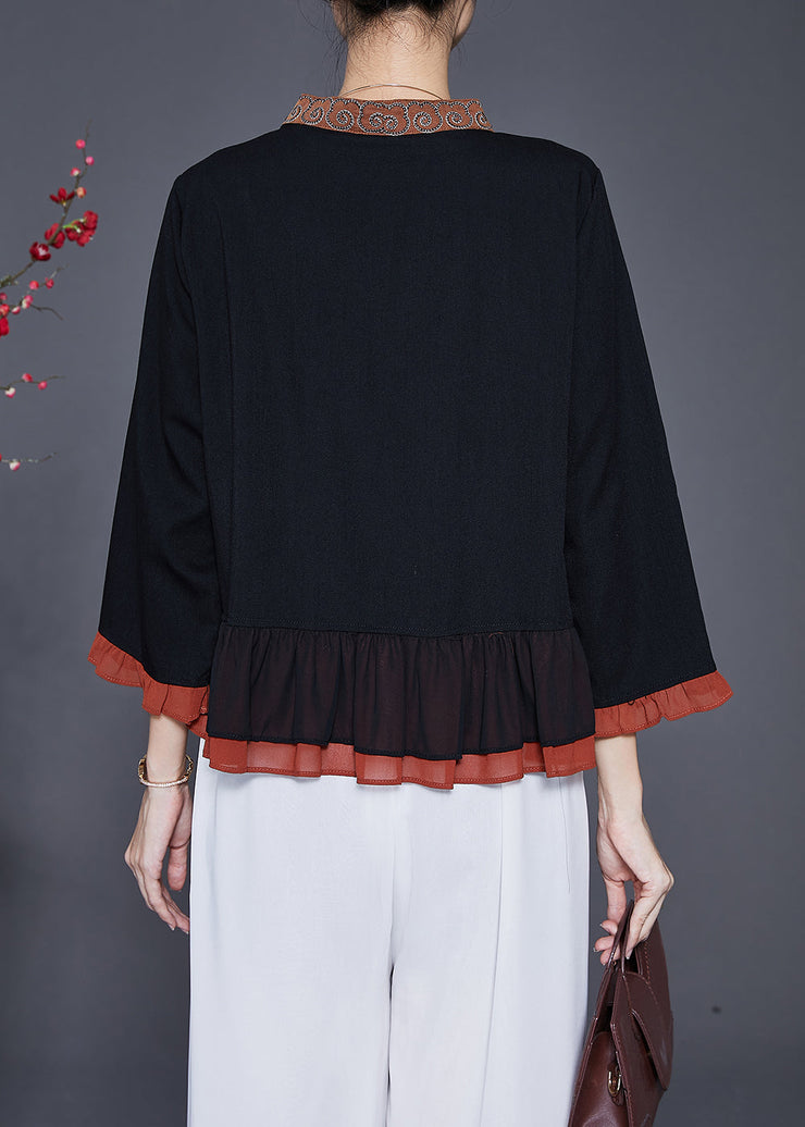 Elegant Black Embroideried Patchwork Ruffles Blouses Fall