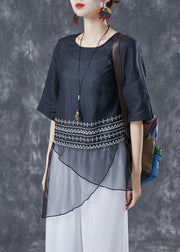 Elegant Black Embroideried Tulle Patchwork Linen Top Summer