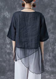 Elegant Black Embroideried Tulle Patchwork Linen Top Summer