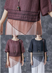 Elegant Black Embroideried Tulle Patchwork Linen Top Summer