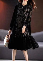 Elegant Black Embroidered Tulle Patchwork Silk Velour Long Dress Long Sleeve