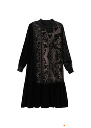 Elegant Black Embroidered Tulle Patchwork Silk Velour Long Dress Long Sleeve