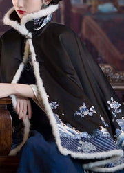 Elegant Black Faux Fur Collar Embroideried Button Silk Coats Long Sleeve