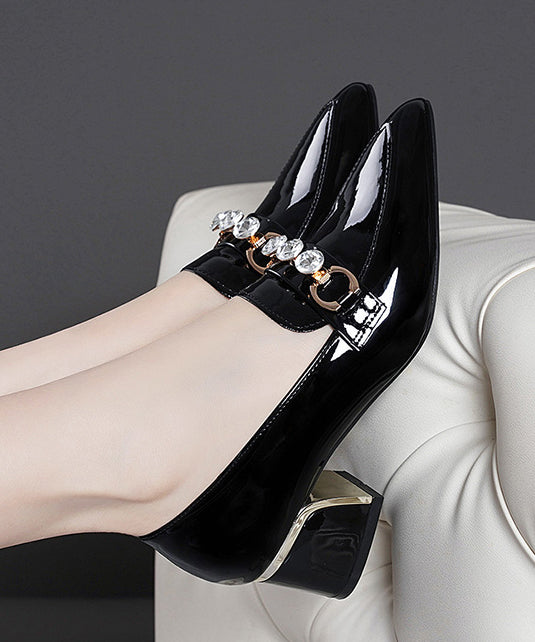 Elegant Black Faux Leather Zircon Pointed Toe Chunky Heel