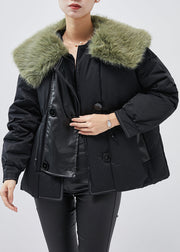 Elegant Black Fur Collar Patchwork Fine Cotton Filled Women Witner Coats