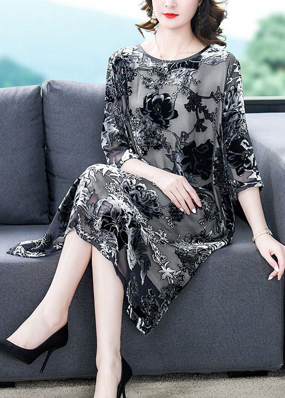 Elegant Black Grey Embroideried Patchwork Silk Dresses Summer