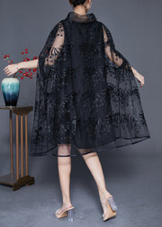 Elegant Black High Neck Embroideried Hollow Out Tulle Dress Cloak Sleeves