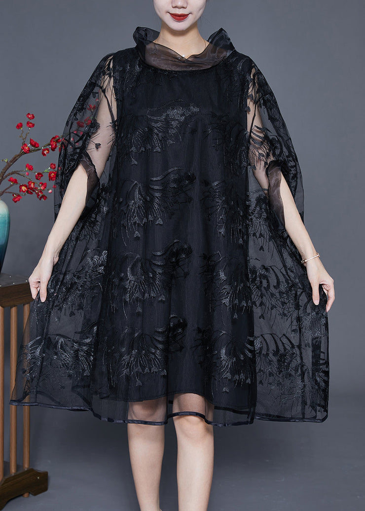 Elegant Black High Neck Embroideried Hollow Out Tulle Dress Cloak Sleeves