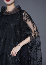 Elegant Black High Neck Embroideried Hollow Out Tulle Dress Cloak Sleeves