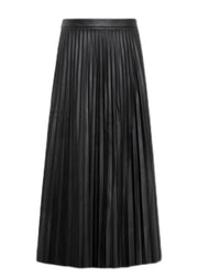 Elegant Black High Waist Faux Leather Pleated Skirts Spring