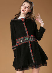 Elegant Black Hooded Embroideried Woolen Coat Winter