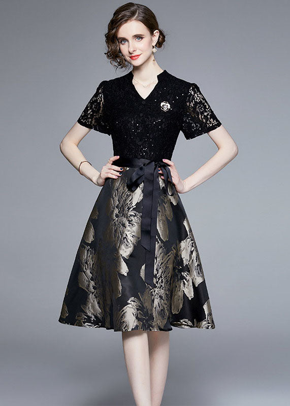 Elegant Black Lace Jacquard Patchwork Tie Waist Silk Mid Dress Summer