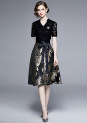 Elegant Black Lace Jacquard Patchwork Tie Waist Silk Mid Dress Summer