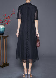 Elegant Black Mandarin Collar Patchwork Print Chiffon Dresses Summer