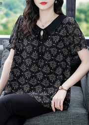 Elegant Black Neck Tie Print Chiffon Top Short Sleeve