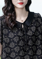 Elegant Black Neck Tie Print Chiffon Top Short Sleeve