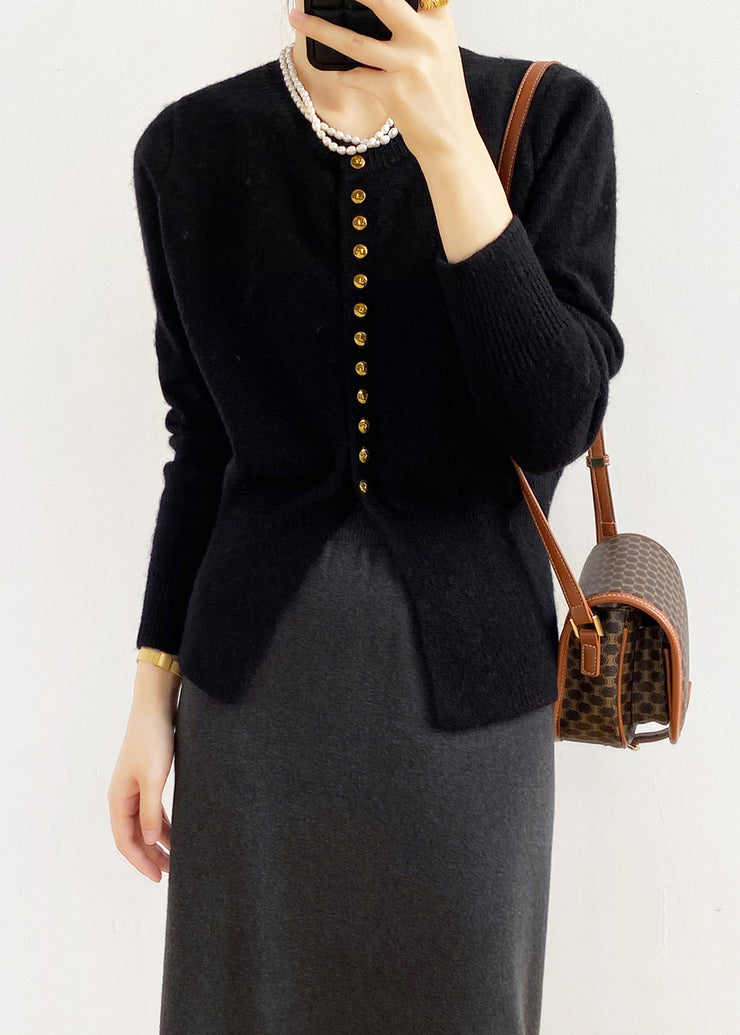 Elegant Black O Neck Button Fitted Knit Cardigan Fall