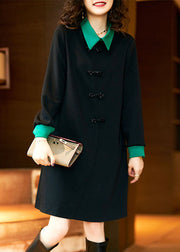 Elegant Black O-Neck Button Mid Dress Fall