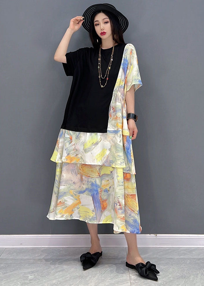 Elegant Black O-Neck Drawstring Patchwork Print Cotton Holiday Dress Short Sleeve