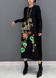 Elegant Black O-Neck Embroideried Knit Maxi Dress Fall