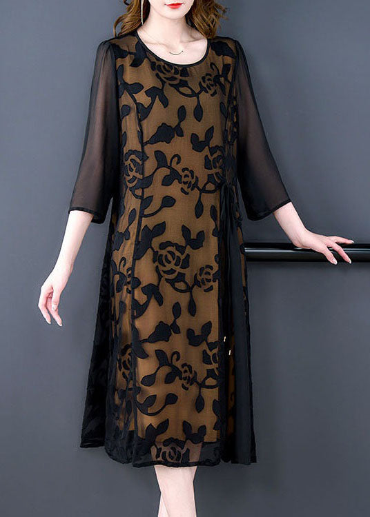 Elegant Black O-Neck Embroideried Patchwork Tulle Dresses Summer