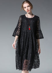 Elegant Black O-Neck Hollow Out Lace Party Dress Flare Sleeve