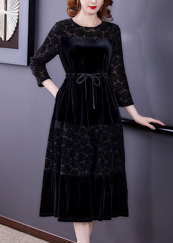 Elegant Black O-Neck Patchwork Tie Waist Silk Velour Dress Bracelet Sleeve