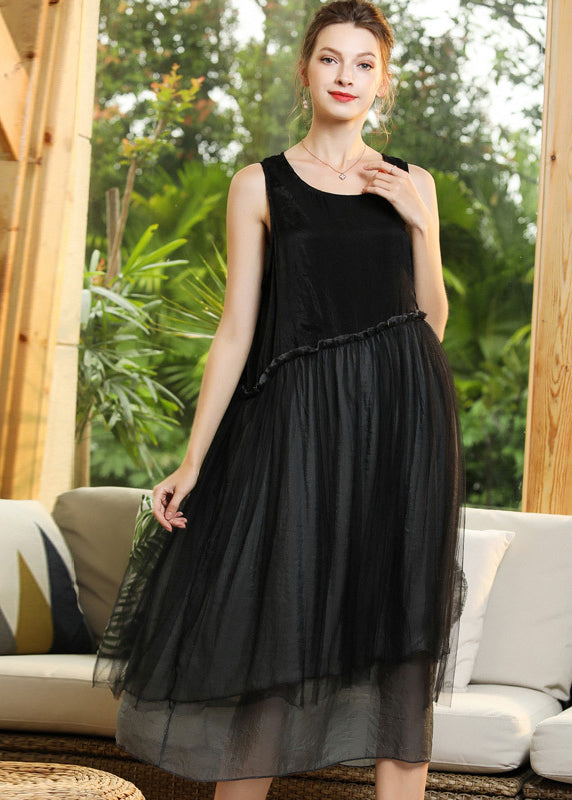 Elegant Black O-Neck Patchwork Tulle Long Dresses Sleeveless